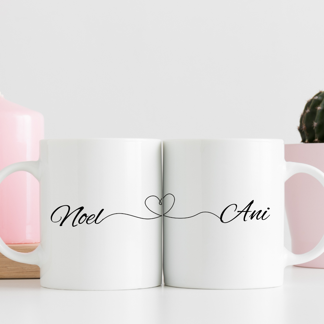 Personalizirani set šalica s imenima i datumom – minimalistički dizajn