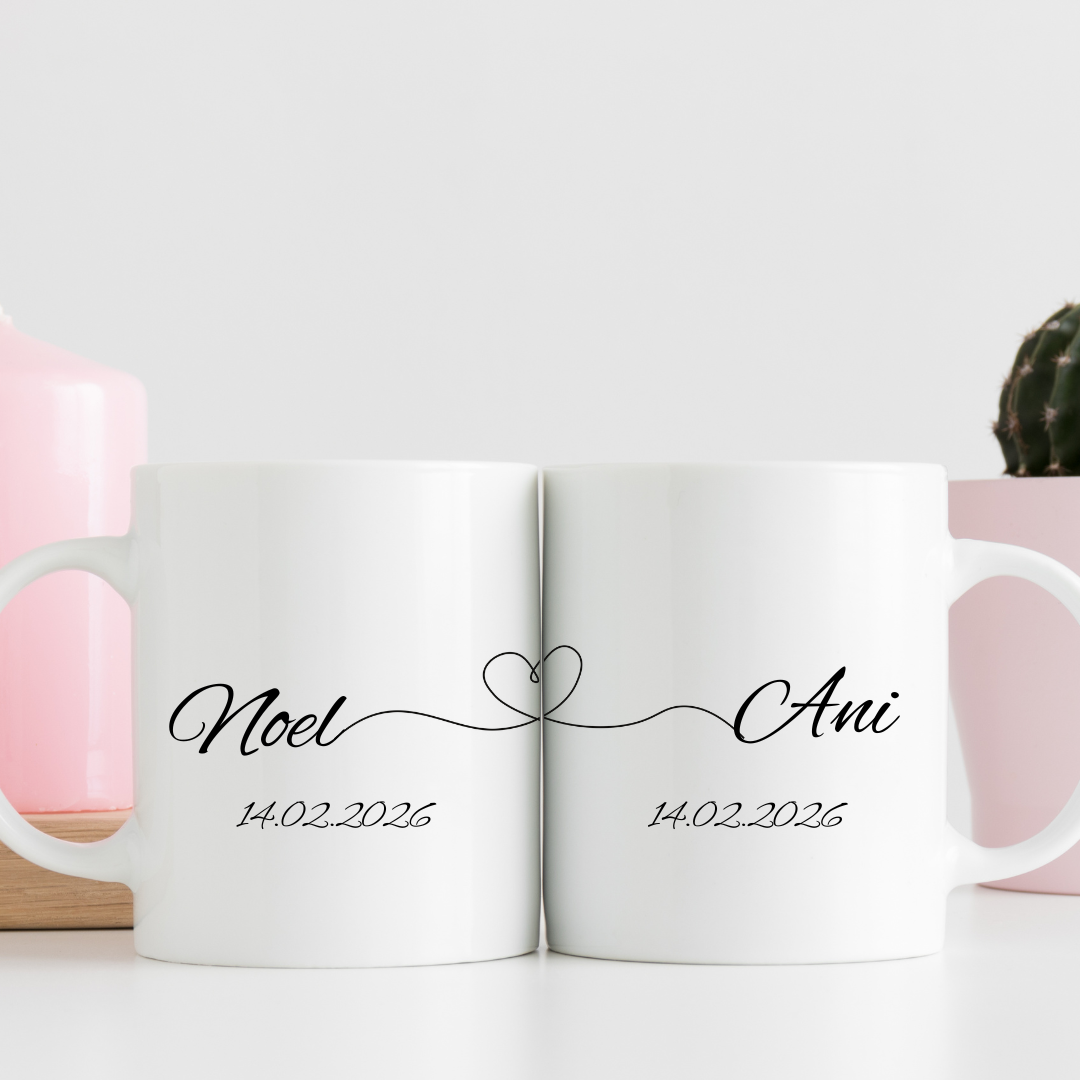 Personalizirani set šalica s imenima i datumom – minimalistički dizajn